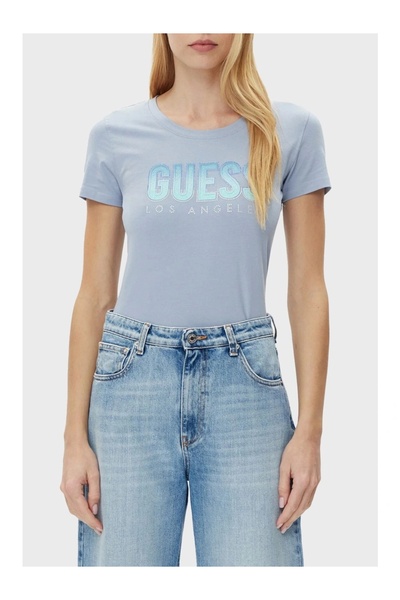 Guess Women's Blue Glitter Gradient Logo T-Shirt