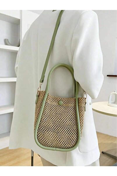 Katusa Kadın Mint Yeşili Yavrulu File Örgülü Deri Sap Ve Düğme Detaylı El Ve Omuz Çantası