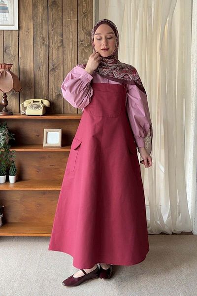 Ceylan Otantik Burgundy Linen Skirted Salopet & Pink Classic Collar Crop Shirt Set