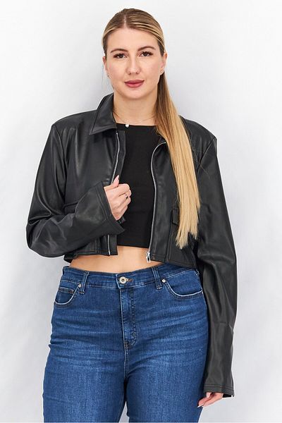 NA-KD Women Pocket Detail Leather Crop Jacket, Black