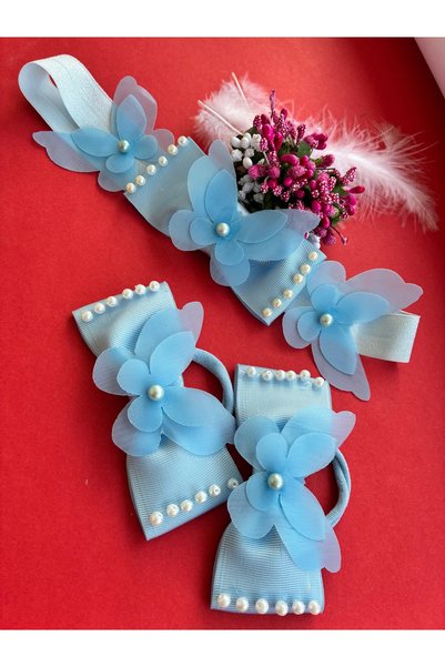 Nevgiss Aksesuar 2 Pieces of Rubber Buckle with Tulle Butterfly and PearlsBandanaGold Plated and Figured Bracelet Set