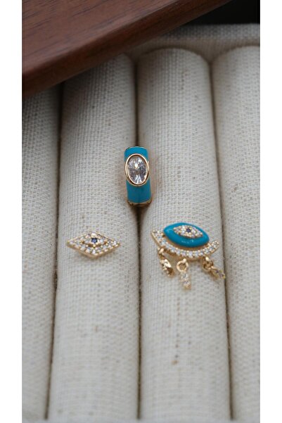 Jerie Gold 14K Özel Seri Mineli Göz Figür Minimal 3'lü Küpe Seti