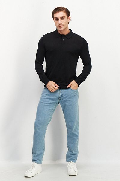 CELIO Men Spread Collar Long Sleeve Knitted Sweatshirts, Black
