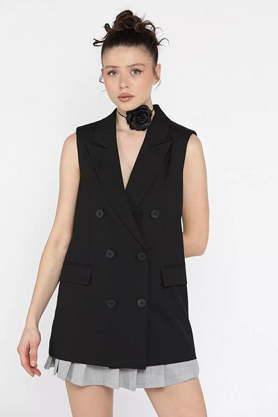 GÜLSELİ Black Women's Double Breasted Collar Lined Vest