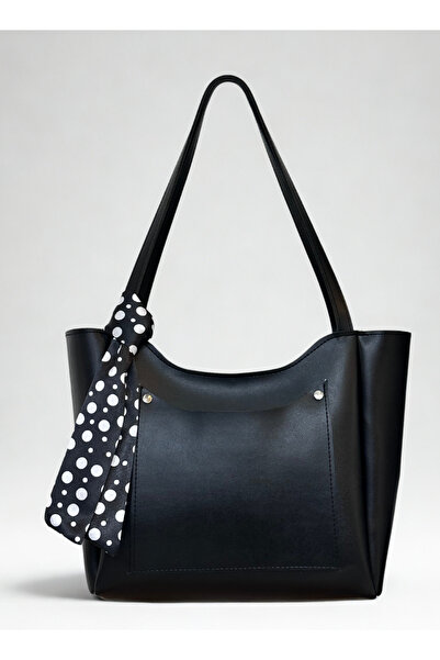 fular & bags Geantă de mână și de umăr pentru cumpărături, neagră, cu buzunar...