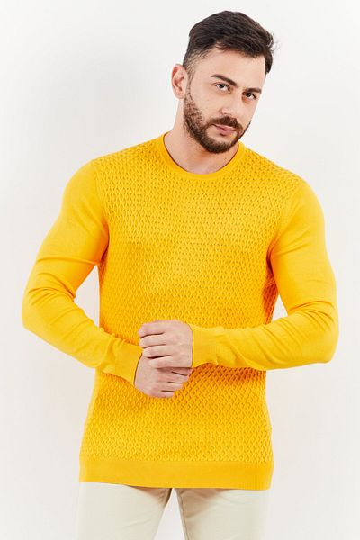 Sorbino Men Crew Neck Long Sleeve Textured Sweatshirt, Yellow