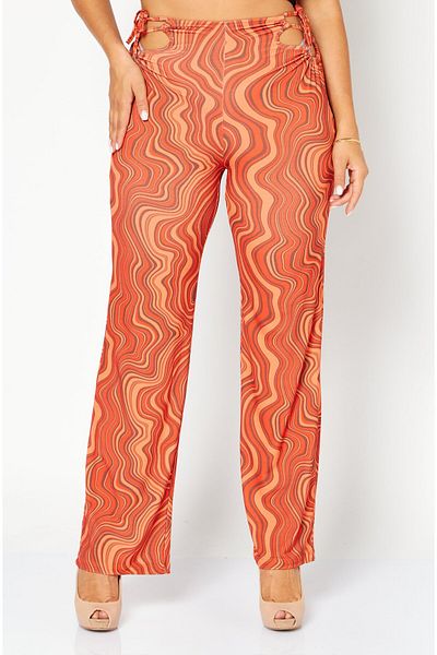 NA-KD Women Regular Fit Lacing Detail Straight Pant, Orange Combo