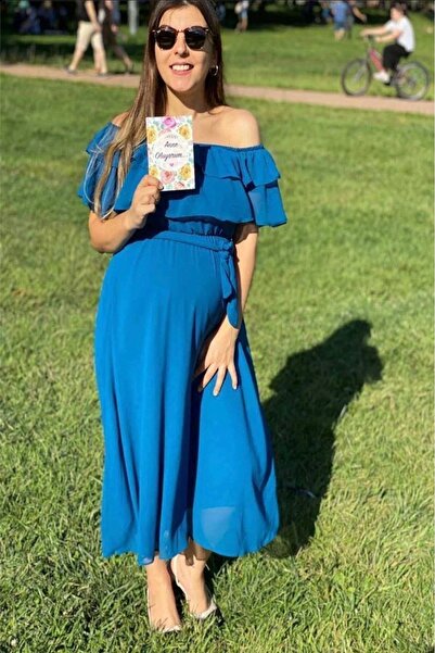 Bersi Butik Kadın Carmen Yaka Petrol Mavisi Şifon Elbise