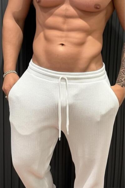 NO 601 Men's Ecru Striped Comfortable Stretch Fabric Wide Leg Trousers Tracksuit