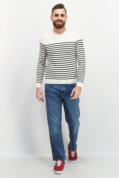 CELIO Men Crew Neck Long Sleeve Textured Sweater, White/Navy Blue