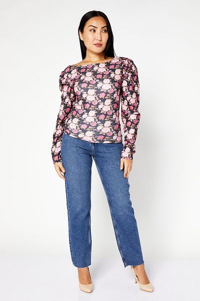NA-KD Women Scoop Neck Long Sleeve Floral Print Top, Pink Combo
