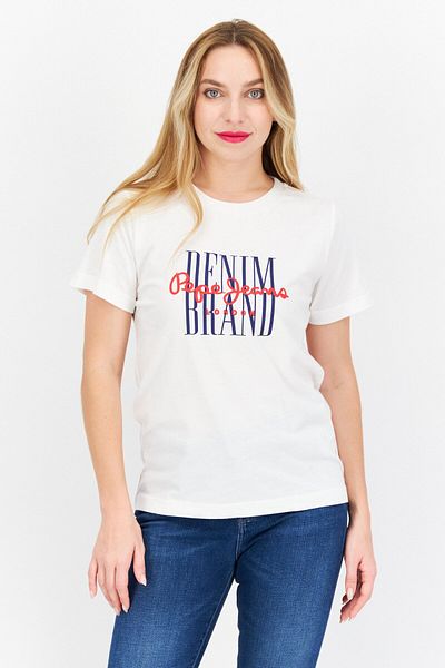 Pepe Jeans Women Crew Neck Short Sleeves Printed T-Shirt, White