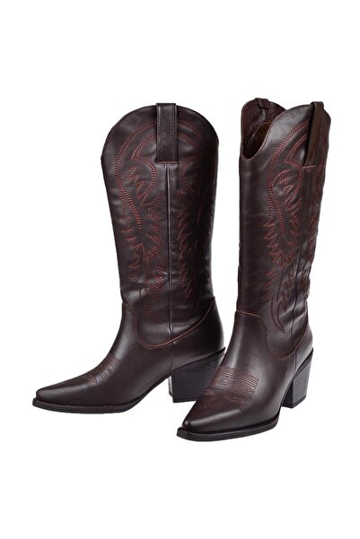 pullman Hakiki Deri İşlemeli Western Kadın Çizme PLM-011 KOYU KAHVE