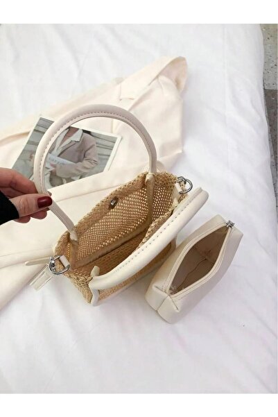 Katusa Geantă de mână și de umăr pentru cățeluș alb pentru femei, cu mâner din piele împletită și detaliu cu nasturi