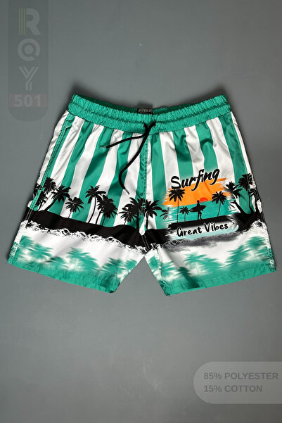 ROY501 Erkek Deniz Şortu Desenli Cep Fermuarlı Fileli Deniz Şortu
