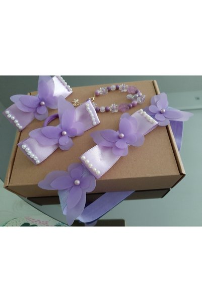 Nevgiss Aksesuar 2 Pieces of Rubber Buckle with Tulle Butterfly and PearlsBandanaGold Plated and Figured Bracelet Set