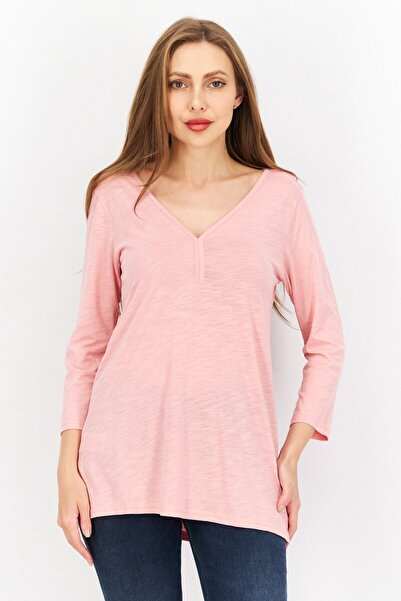 Eddie Bauer بلوزة نسائية سادة بأكمام طويلة ورقبة على شكل حرف V، وردي