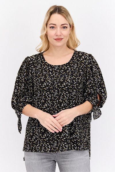 CECE Women Round Neck Puff Sleeves Allover Print Blouse, Black