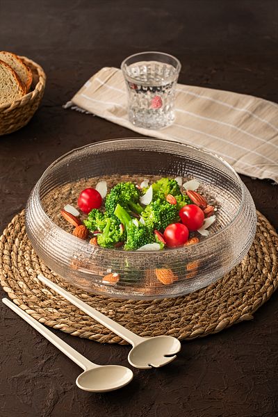 Porsima 4306 Handmade Large Size Glass Salad Fruit Cookie Pasta Presentation Bowl with Spoon Transparent 24 cm