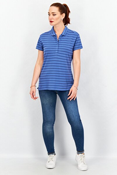 Timberland Women Spread Collar Short Sleeve Striped Polo Shirt, Blue