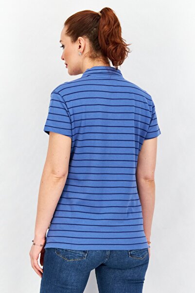 Timberland Women Spread Collar Short Sleeve Striped Polo Shirt, Blue