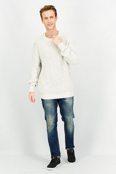 CELIO Men Crew Neck Long Sleeve Knitted Sweater, Light Grey