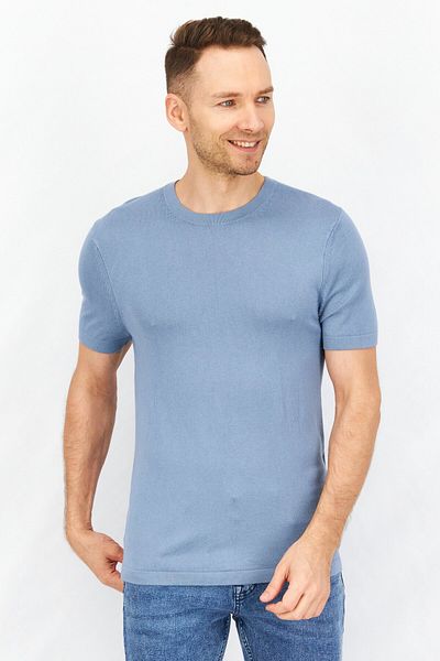 CELIO Men Crew Neck Short Sleeves Plain T-Shirt, Steel Blue
