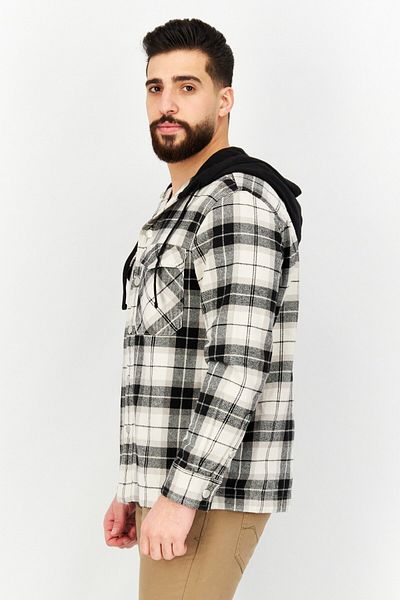 CELIO Men Hood With Drawstring Long Sleeve Checkered Shirt Jacket, Black/White Combo