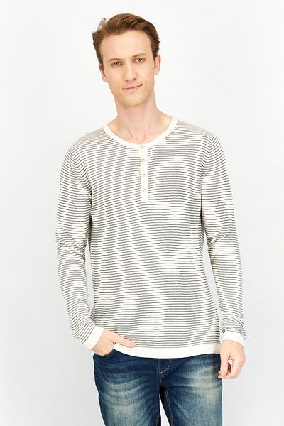 CELIO Men Crew Neck Long Sleeve Striped Henley T-shirts, Off White Combo