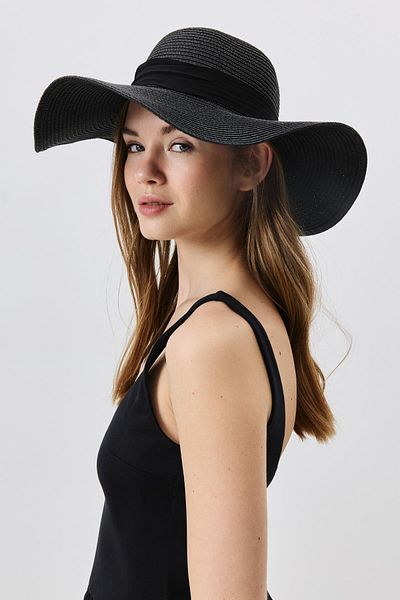 C&City Wide Straw Hat - Bow Detail Y8215 Black