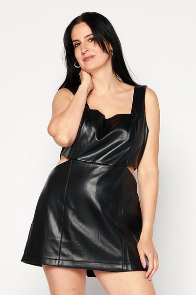 Avec Les Filles Women Sleeveless Solid Faux Leather Cut Out Playsuit, Black