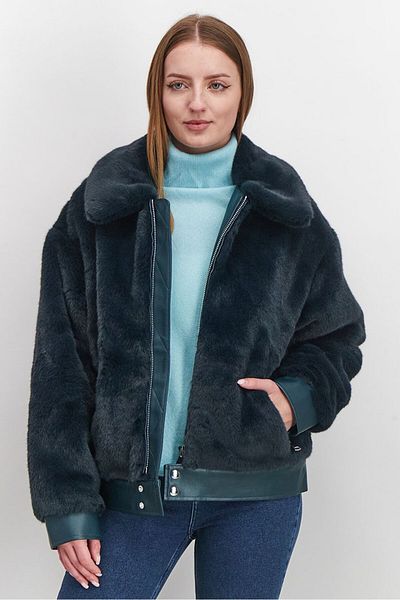 REBECCA MINKOFF Women Spread Collar Fur Full Zip Bomber Jacket, Teal