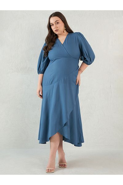Femmella By Styli Plus Size Solid Wrap Look A-Line Midi Dress