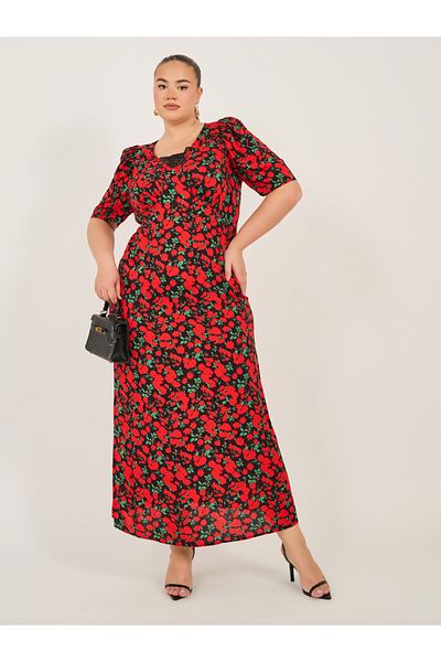 Styli Plus Size Floral Print V-Neck Maxi Dress