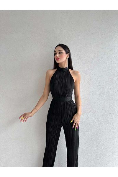 Misscix Ribbed Sleeveless Halter Neck Women's Black Evening Dress Jumpsuit