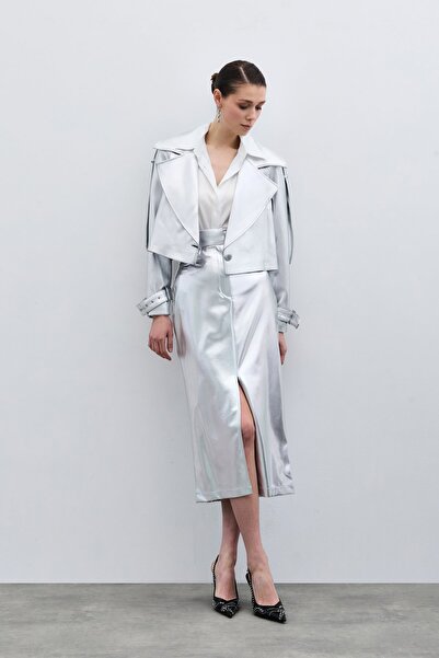 Sateen Yırtmaçlı Parlak Kalem Etek - Gümüş