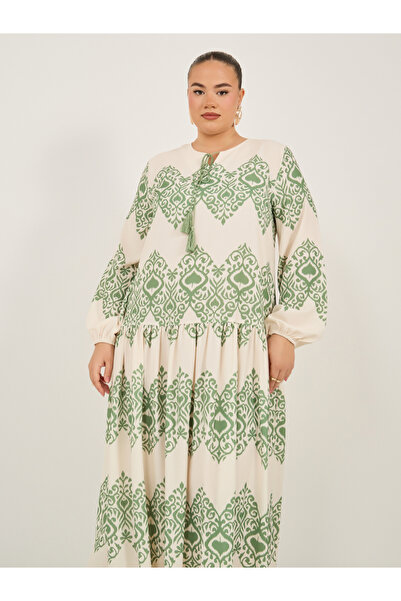 Styli Printed Balloon Sleeves A-Line Maxi Dress