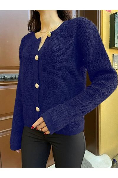 Puella Cardigan de damă cu decolteu rotund cu nasturi aurii din pluș moale tricotaje - culoare bleumarin