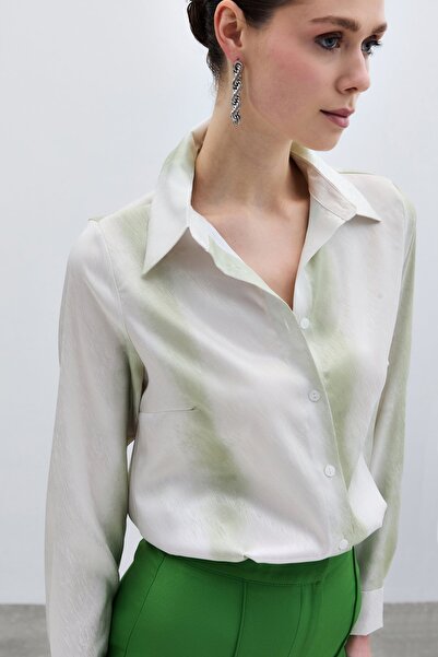 Sateen Desenli Klasik Gömlek - Çağla Yeşili