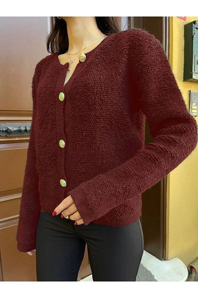Puella Cardigan de damă cu decolteu rotund, cu nasturi aurii, din pluș, tricotaje moi, culoare burgundă