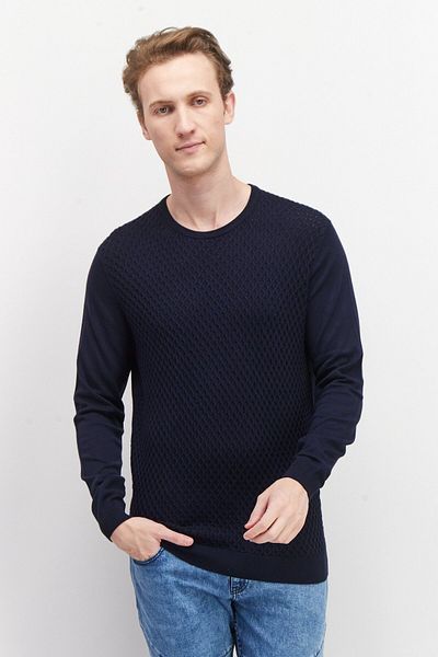 Sorbino Men Crew Neck Long Sleeve Textured Sweatshirt, Navy Blue
