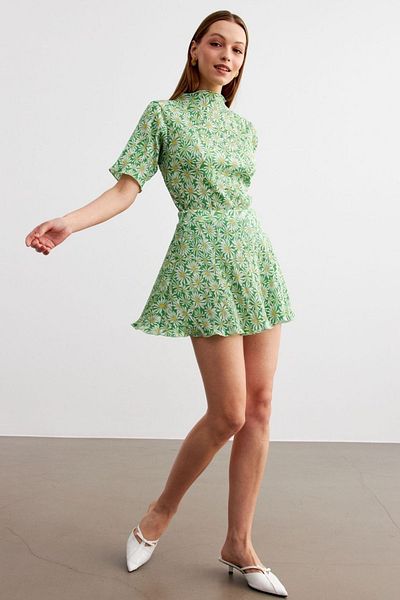 MODAGEN Set de fuste mini bluză cu detaliu cu pliuri cu model de flori verzi pentru femei