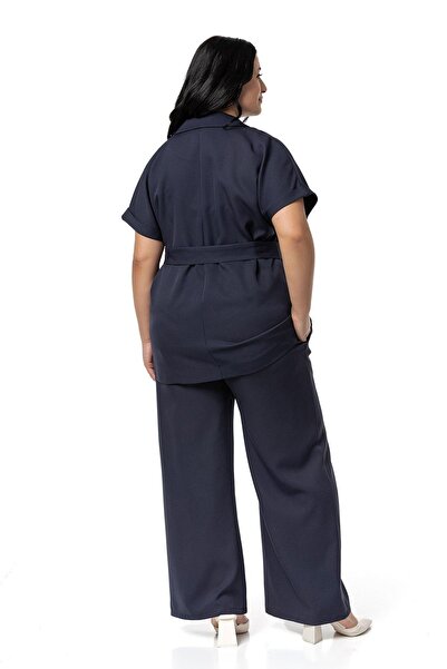 DISENTIS MODEST Σετ μπουφάν και παντελόνι με διπλό στήθος Navy Blue - Μισό μανίκι, ζώνη, Plus Size