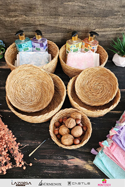 MONTESEV Nergis Hasır 7 li Sepet Saklama Kutusu Sepet Takımı Organizer Mutfak...