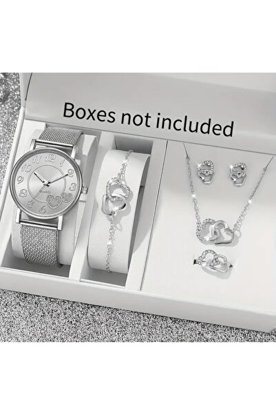 stainless steell VİP gümüş renk kalp motif kuvars saat 6 parça set