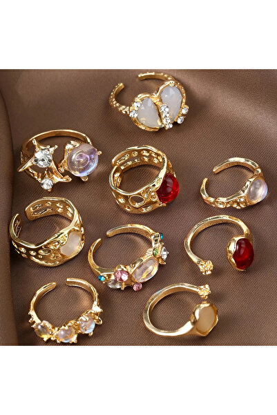 Takıtolia Alise - 9 Adet Kristal Taşlı Kırmızı Şık Tasarım Vintage Çoklu Ayarlanabilir Gold Altın Yüzük Seti