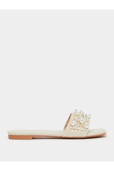 Styli Embellished Faux Pearl Flat Sandals