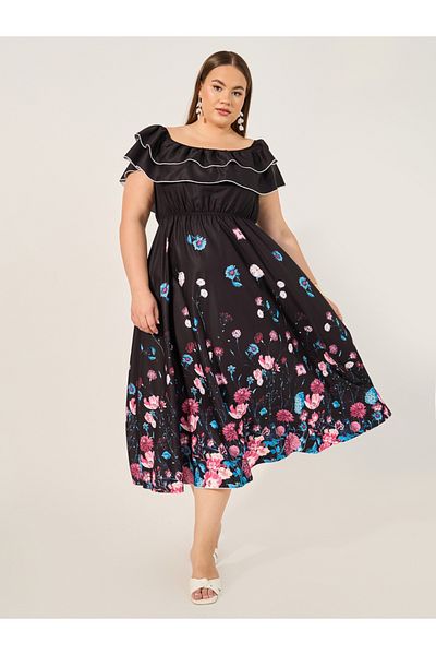 Styli Plus Size Floral Print Off Shoulder Midi Dress
