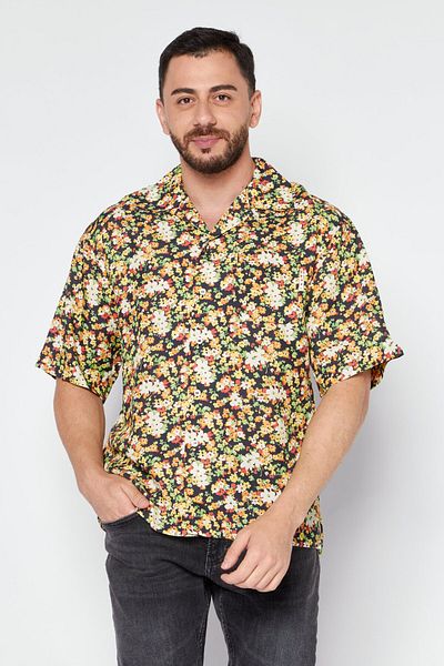 Marni Men Regular Fit Short Sleeves Floral Printed Casual Shirt, Black Combo