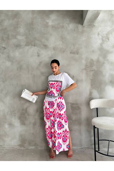 LE CARAMBOLE Women's White Pink Ethnic Patterned Blouse Skirt Double Set